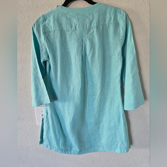 Malvin Embellished Linen Tunic Blouse Women Sz S Blue Side Slit Laggenlook - Picture 11 of 11